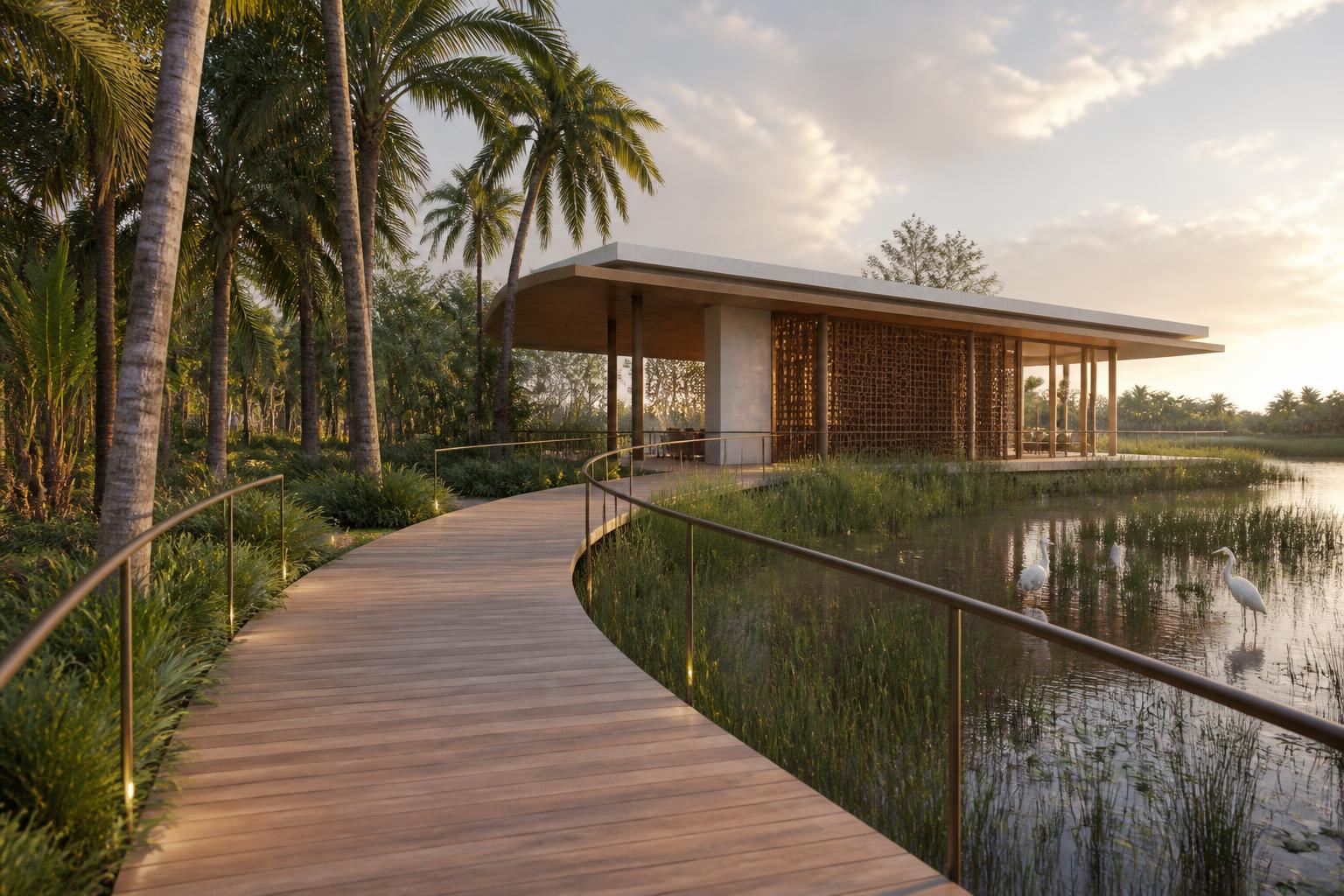 Artist impression of a hardwood nature trail and screened birdwatching pavilion in the grove at Tefle Destination