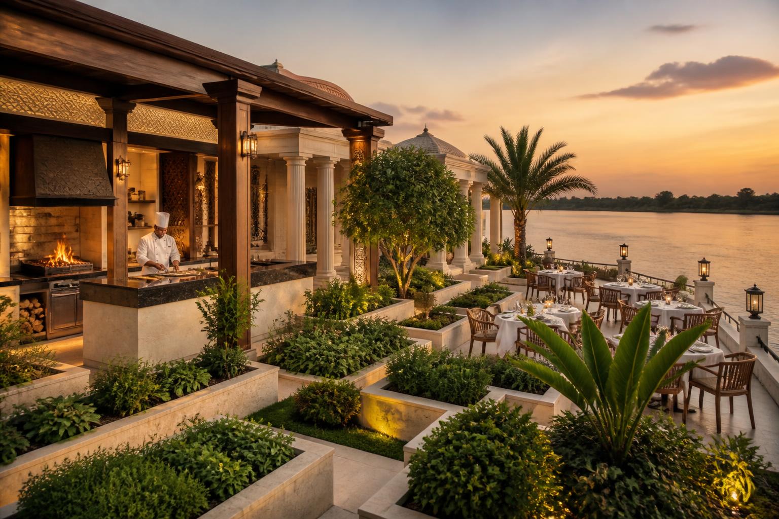 Artist impression of a chef's garden, open show kitchen and fine-dining terrace above the Volta at Tefle Destination