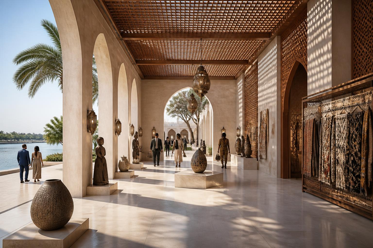 Artist impression of a lattice-shaded gallery colonnade and artisan studios displaying West African craft at Tefle Destination