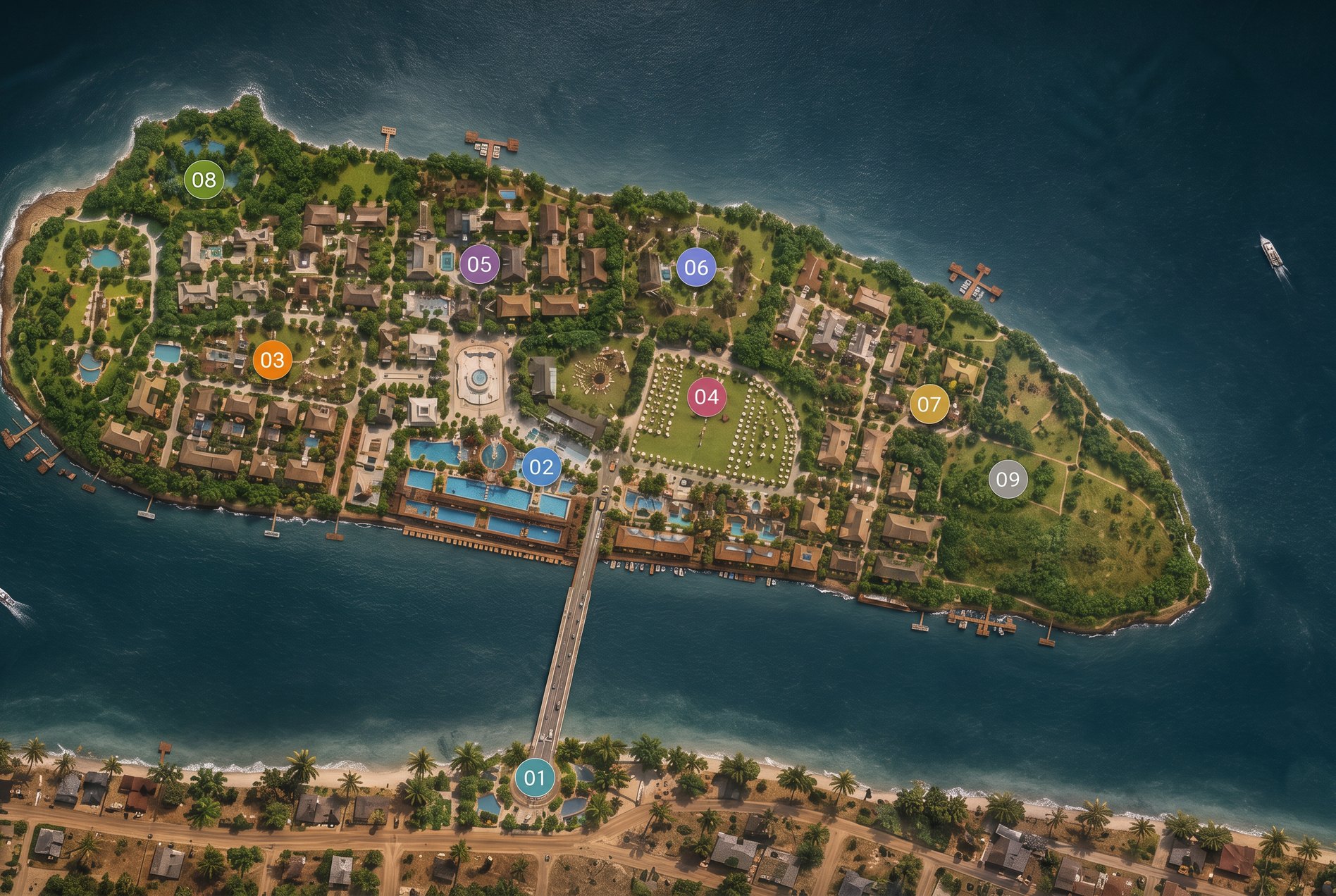 Illustrated masterplan render of Tefle Destination in the Volta river, showing the nine numbered zones across the island, the proposed bridge and the mainland beachfront at Tefle town
