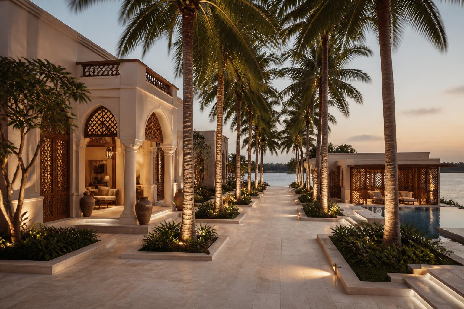 Artist impression of boutique accommodation and waterfront cabins with arched screens and plunge pools at Tefle Destination