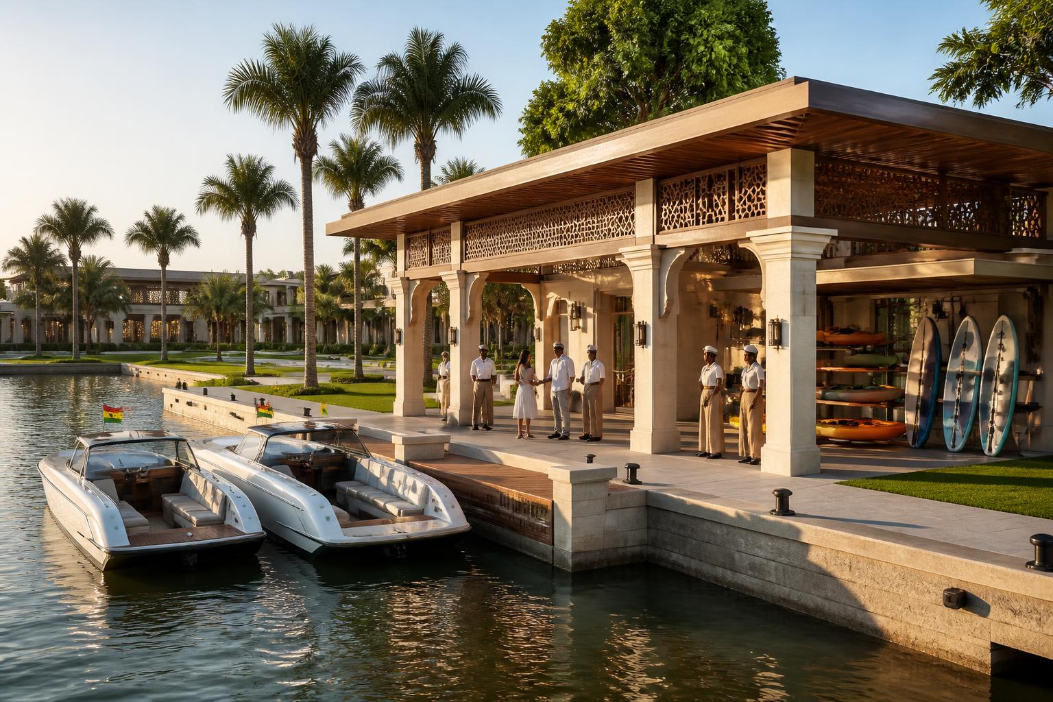 Artist impression of the bridge arrival plaza and boat terminal with a colonnaded reception pavilion at Tefle Destination