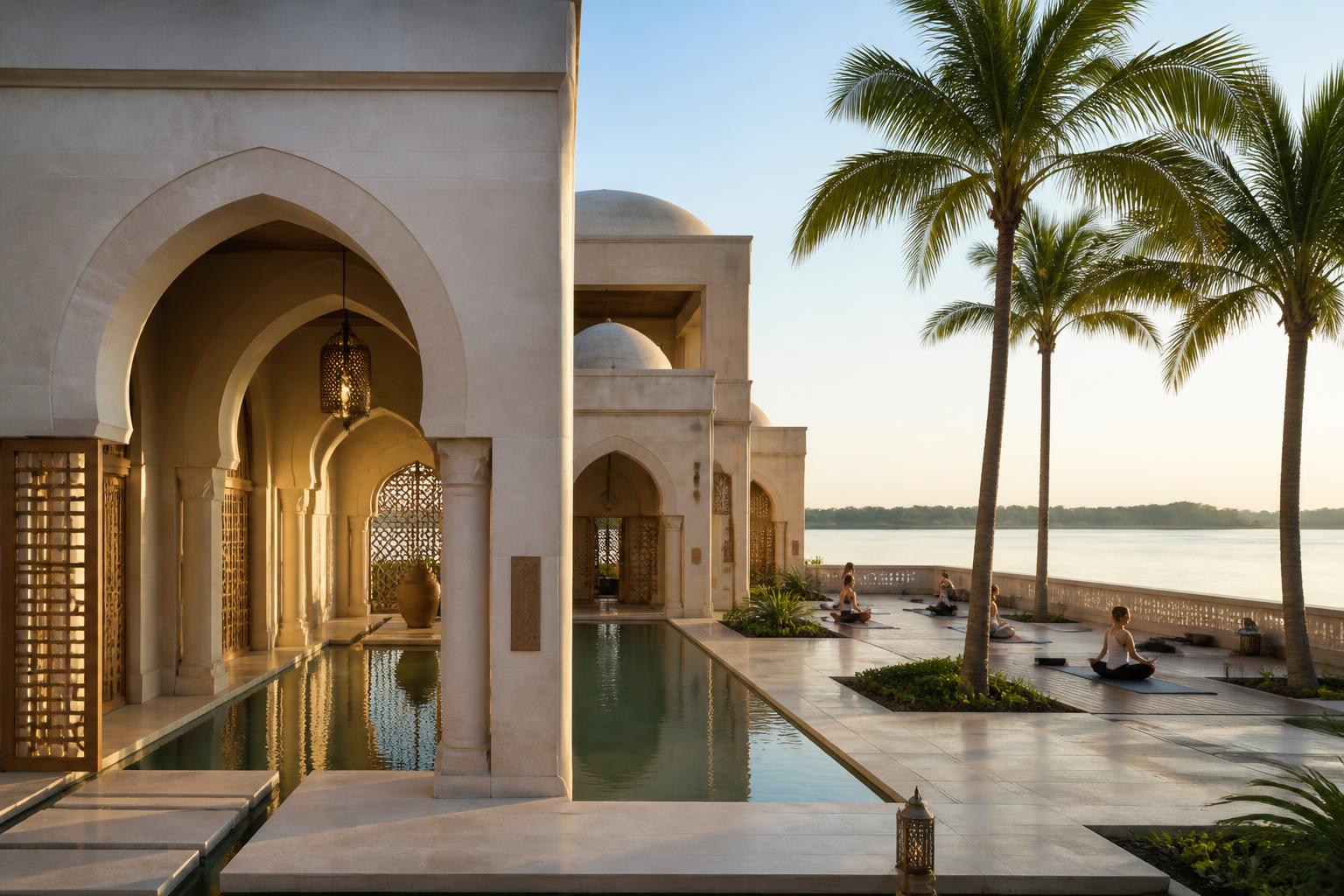 Artist impression of an arched stone spa with water courts and a riverside yoga terrace at Tefle Destination