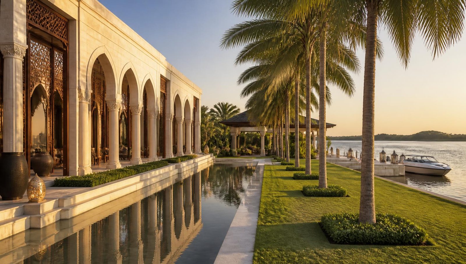 Artist impression of a colonnaded arrival court and reflecting pool at Tefle Destination, with a speedboat moored on the Volta