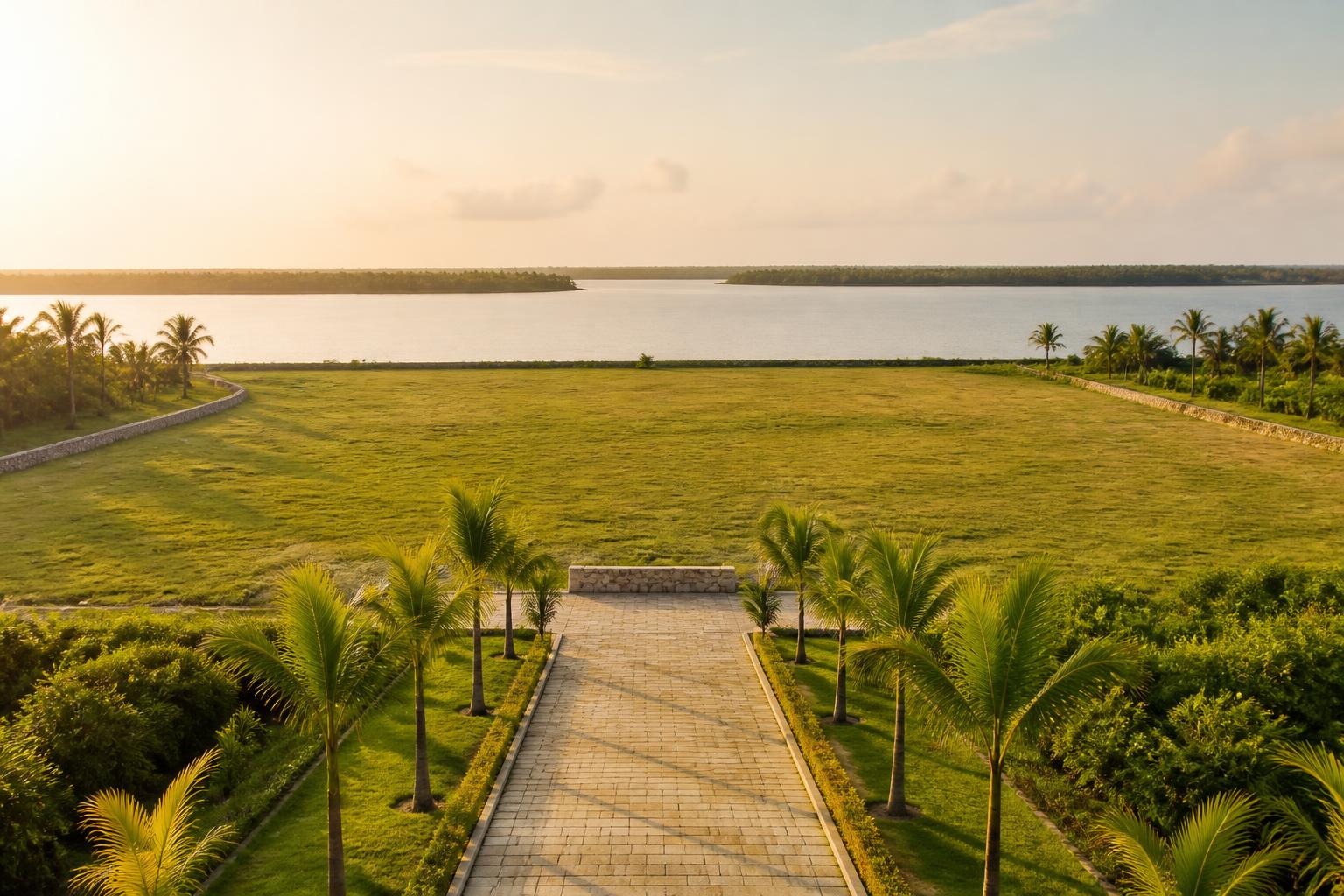 Landscaped reserve land with a formal palm avenue held for a future residential and commercial district at Tefle Destination